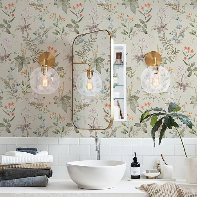 Simon&Siff Vintage Floral Peel and Stick Wallpaper 17.3" x 1200" | Beige Botanical Contact Paper, Self Adhesive Removable Waterproof Wall Paper, Renter Friendly, Bedroom Cabinets DIY Decor