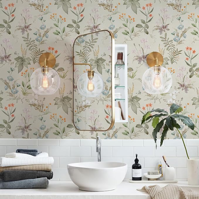 Simon&Siff Vintage Floral Peel and Stick Wallpaper 17.3" x 800" | Beige Botanical Contact Paper, Self Adhesive Removable Waterproof Wall Paper, Renter Friendly, Bedroom Cabinets DIY Decor