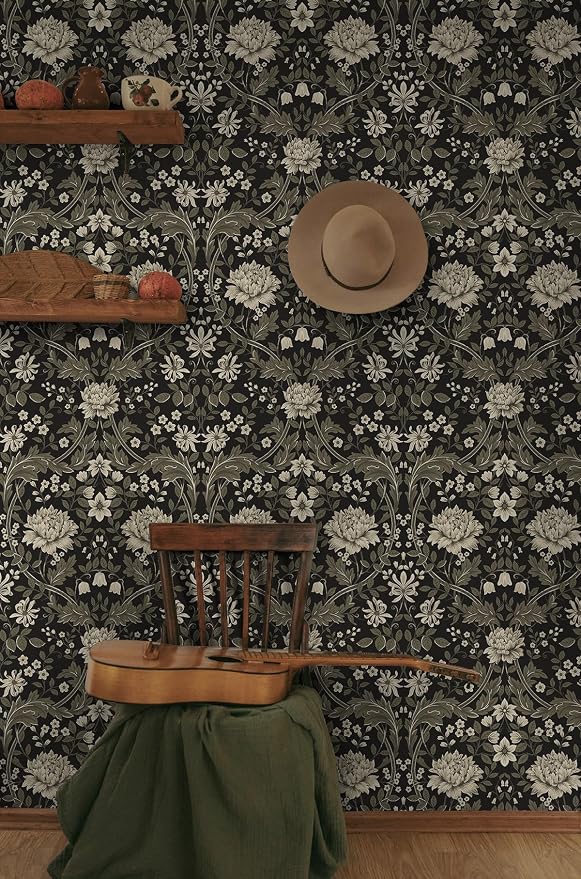 NextWall Honeysuckle Trail Floral Vintage Peel and Stick Wallpaper (Ebony & Pavestone)
