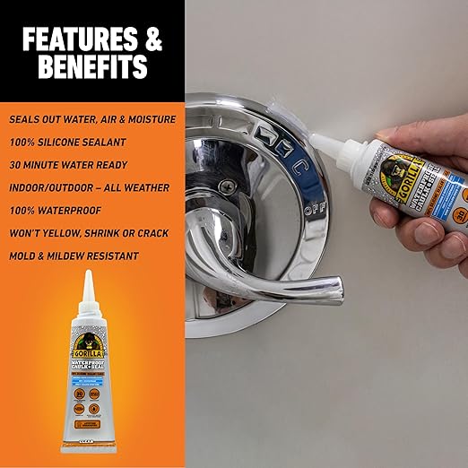 Gorilla 100% Silicone Caulk, Waterproof Sealant, 2.8oz Squeeze Tube (Pack of 1) – Clear -10 Year Mold Resistant Kitchen, Window, Bath, Marine, Door and More