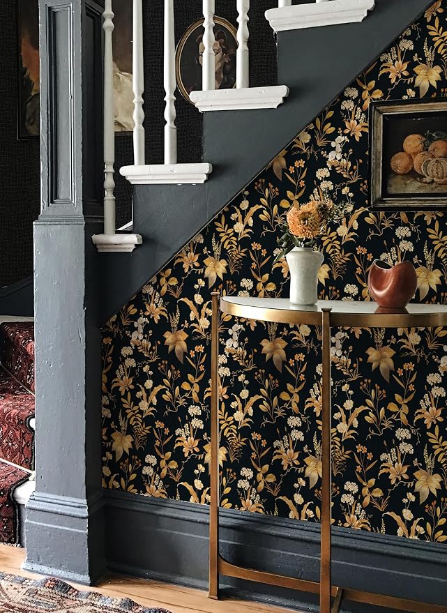 Simon&Siff Vintage Floral Peel and Stick Wallpaper 17.3" x 120" | Black Gold Botanical Contact Paper, Removable Wall Paper, Renter Friendly, for Cabinets, Furniture, DIY Decor