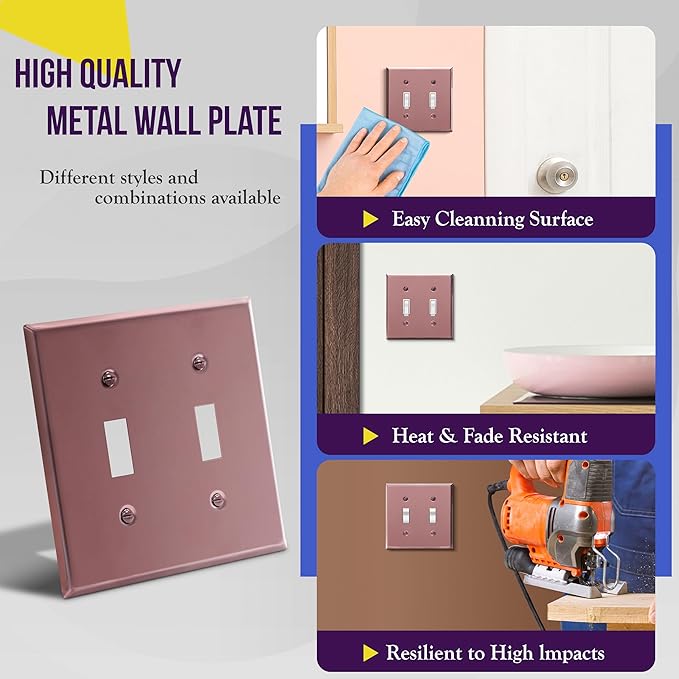 ENERLITES Toggle Light Switch Metal Wall Plate, Stainless Steel Switch Cover, Corrosion Resistant, Standrad Size 2-gang 4.50" x 4.57", Stainless Steel 201, 7712-PRG, Polished Rose Gold (Pack of 1)
