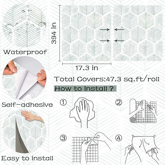 Modern Peel and Stick Wallpaper 17.3''×393'' Geometric Wallpaper Boho Contact Paper Green and White Self-Adhesive Wall Paper Removable Decorative Wallpapers for Bedroom Bathroom Cabinets Decor Vinyl