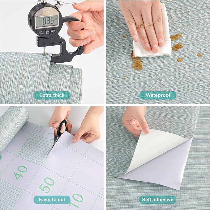 Blue Grasscloth Wallpaper Peel and Stick Fabric Linen Textured 24"x394" Classic Faux Grassweave Upgraded Thick Self-Adhesive Neutral Contact Paper Vinyl Film Liner Roll for Home Use