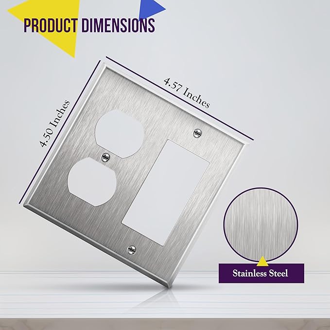 ENERLITES Combination Duplex Receptacle Outlet or Decorator Light Switch Metal Wall Plate, Corrosive Resistant, Size 2-Gang 4.50" x 4.57", 772131, 430 Stainless Steel, UL Listed, Silver
