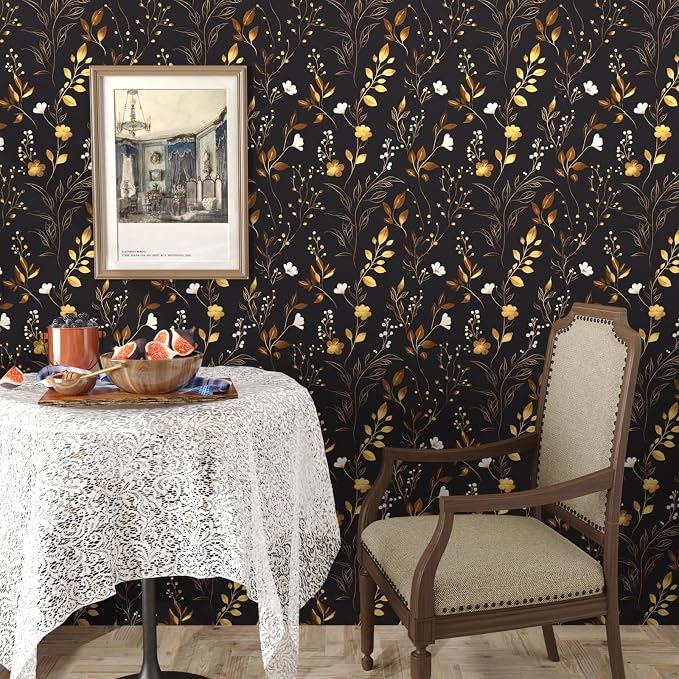 Black Floral Leaf Vintage Wallpaper Peel and Stick 17.5" × 393" | Self Adhesive/Removable/Waterproof/Thick Vinyl Contact Paper for Bathroom Bedroom Shelf Cabinet Drawer,Prepasted,Easy Peel