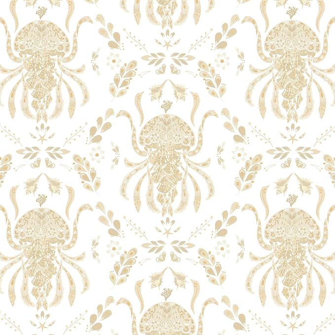 Dimoon Beige Peel and Stick Wallpaper Coastal Contact Paper Bathroom Ocean Wallpaper Boho Jellyfish Renter Friendly Waterproof for Cabinet Kitchen Bedroom Vinyl 17.3''x197''
