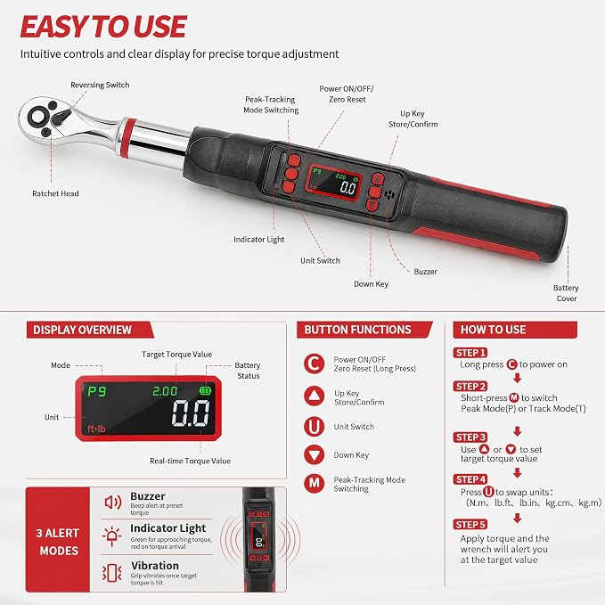 1/4" Digital Torque Wrench Set, 0.74-48 Ft-Lb(1-65Nm), ±2% CW Accuracy, Peak & Track Mode, Backlit LCD, 4" Extension Bar, Adapter, Universal Joint, Sockets Bits for Bicycle Motorcycle Auto DIY Repair