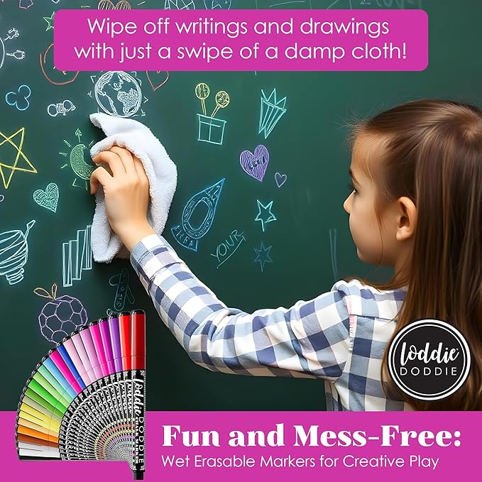 Loddie Doddie Liquid Chalk Markers - 24 Pack, 1mm Tip, Multicolor - Chalk Paint Finish - Vibrant Chalkboard Markers - Easy-Clean Wet Erase