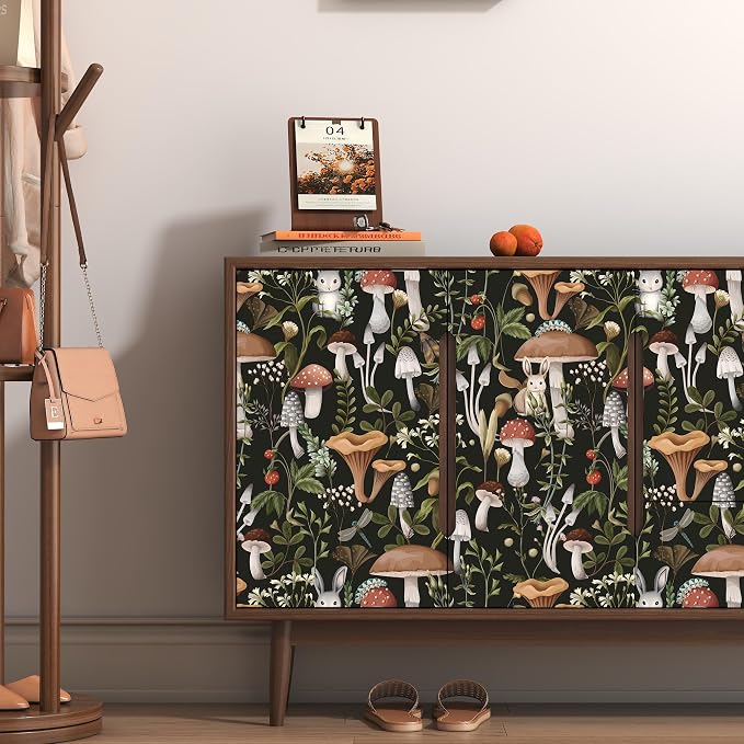 Mushroom Wallpaper Peel and Stick Black Contact Paper 17.7"×197" | Self Adhesive Wallpaper Removable Boho Leaf Forest Contact Paper for Cabinets Kitchen Vintage Wallpapers Waterproof Vinyl