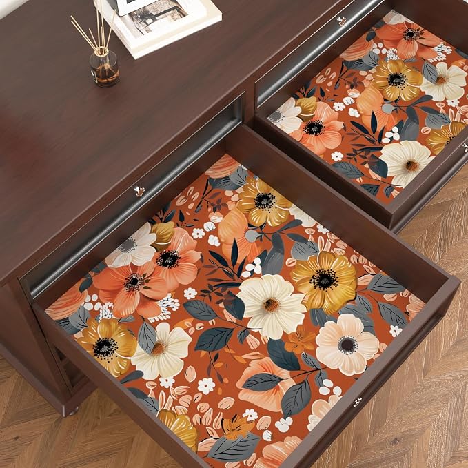 BOKEBEVE Floral Wallpaper Peel and Stick Boho Vintage Orange 17.5 x 393.5In | Extra Long Removable Renter Friendly Vintage Floral Wall Paper for Bedroom Bathroom Cabinet Drawer Feature Accent Wall