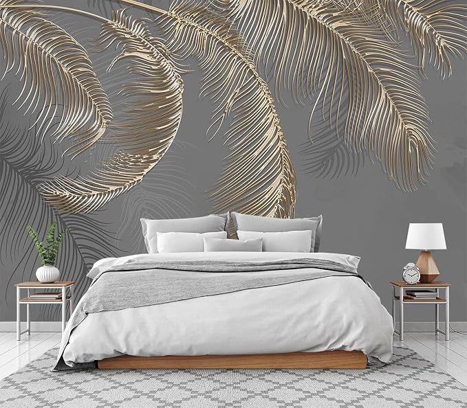 Wall Mural - 3D Wallpaper Decoration, Grey Palm Leaf, 155" x 103" (Not Self-Adhesive)