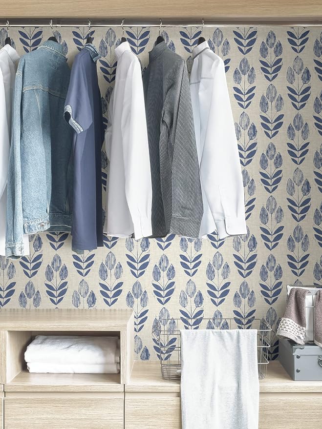 NuWallpaper Blue Folk Tulip Peel & Stick Wallpaper