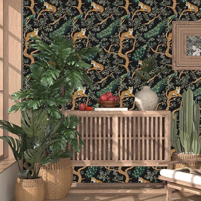 Black Vintage Peacock Tiger Peel and Stick Wallpaper 17.5" x 78" | Waterproof Vinyl Self Adhesive Removable Renter Friendly Floral Contact Paper