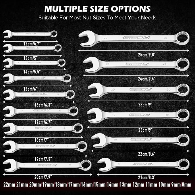 15-Piece Metric Combination Wrench Set, 8–22mm 12-Point Open End and Box End Wrench Kit with Organizer, Chrome Vanadium Steel Tools for Mechanics, Garages and Workshops