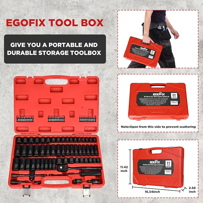 3/8" Drive Impact Socket Set, 90 Piece Metric Socket (6-22mm) and Standard SAE Size (5/16-15/16 inch) 6 Point, with 72-Teeth Ratchet Wrench, Mechanics Tool Kit for Automotive Repair