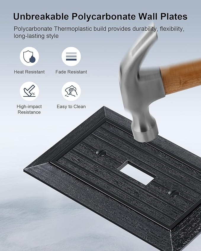 2-Pack Classic Beadboard Single Toggle Light Switch Cover Plate, Unbreakable Polycarbonate Decorative Switch Plate Covers, Matte Black 1 Gang Wall Plate