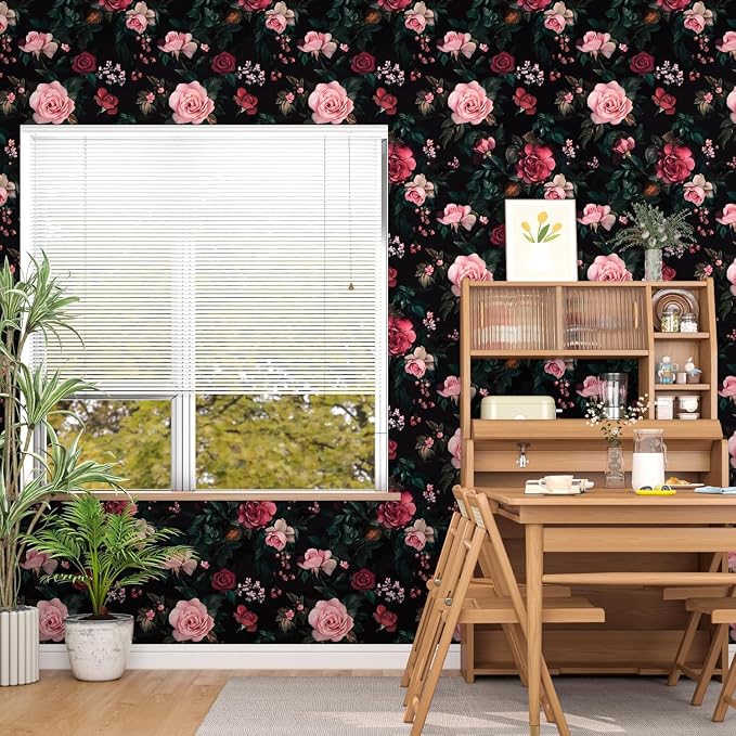 Fvlow Pink Rose Floral Peel and Stick Wallpaper 17.4" x 394" | Renter Friendly, Removable & Waterproof, Vinyl Easy Install for Bedrooms, Bathrooms, Kitchens, Cabinets and Home Decor