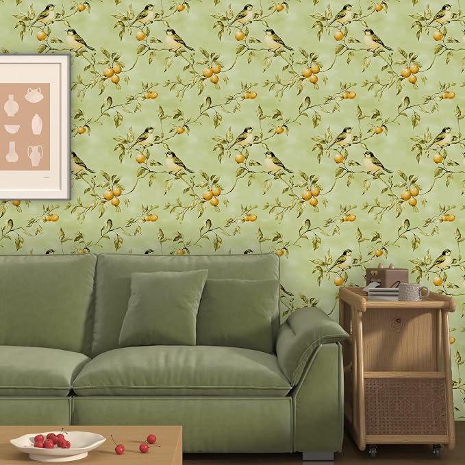 Vintage Bird Wallpaper Peel and Stick, Green Botanical Fruits Contact Paper17.5" x 393", Retro Floral Boho Wall Paper Self Adhesive Removable Waterproof for Bedroom Walls Shelf Cabinet Drawer Table