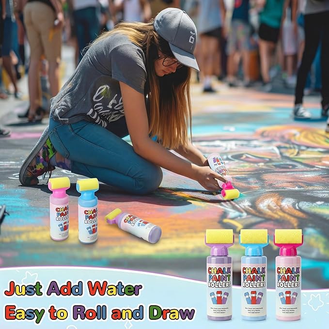 Eaasty 18 Pcs Roller Sidewalk Paint Set Washable Powdered Chalks Mix in Water Paint Rollers 3 Colors Kids Outdoor Art Toy for Driveway Sidewalk Chalkboard