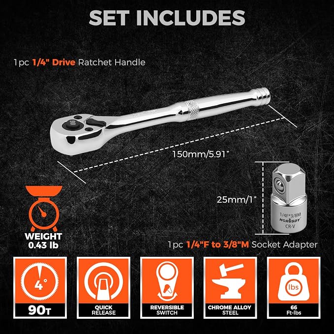 HORUSDY 1/4" Drive 90-Tooth Quick-Release Ratchet Handle with 1/4" to 3/8" Adapter, Reversible Thin Profile Socket Wrench, 4° Swing Arc, Ergonomic Anti-Slip Grip, Ideal for Auto, Bike & Home Repair