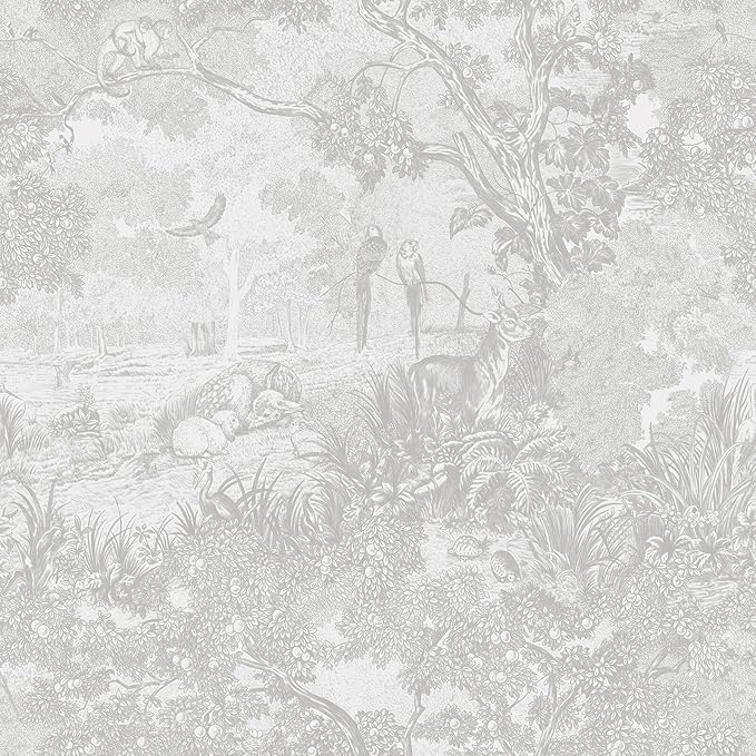 Heroad Peel and Stick Wallpaper Grey and White Vintage Forest Animals Floral Wallpaper Removable Self-Adhesive Contact Paper for Bedroom Living Room Cabinets Decoration Thicken Vinyl 17.3" x 393"