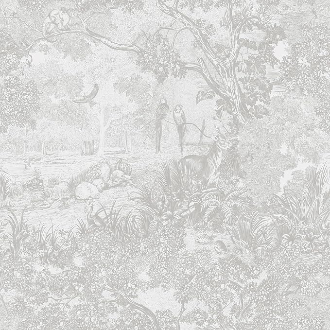 Heroad Peel and Stick Wallpaper Grey and White Vintage Forest Animals Floral Wallpaper Removable Self-Adhesive Contact Paper for Bedroom Living Room Cabinets Decoration Thicken Vinyl 17.3''x78.7''