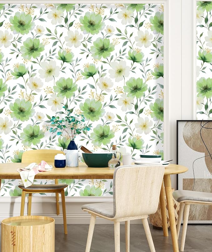 ILHIIOR White Floral Peel and Stick Wallpaper Boho Leaf Contact Paper Green Flower Removable Self Adhesive Waterproof Wall Paper for Cabinet Drawers Wall Decor Renter Friendly 17.5''x118''