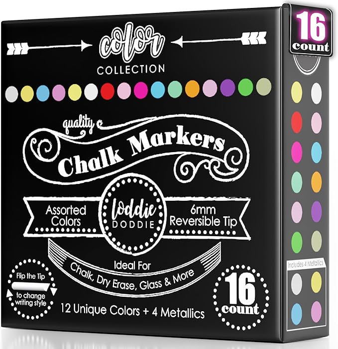Loddie Doddie Chalk Markers - Pack of 16, Reversible 6mm Tips - Vibrant Chalkboard Designs with Chalkboard Markers - Easy Erase on Glass & Whiteboards with Dry Erase Pen
