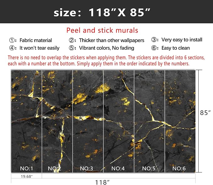 YIHWM-Peel and Stick Black and Gold Marbled Wallpaper Abstraction Art Mural | Tear-resistant,with a substantial feel;Will not be damaged during repositioning.Bathroom,Bedroom wallpaper.M-118"x85"