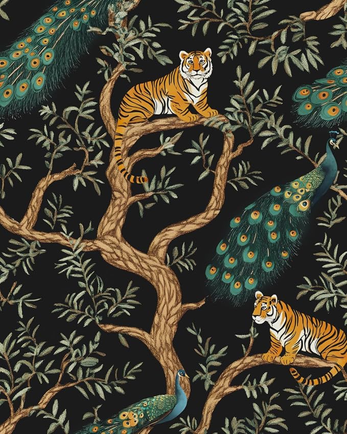 Black Vintage Peacock Tiger Peel and Stick Wallpaper 17.5" x 118" | Waterproof Vinyl Self Adhesive Removable Renter Friendly Floral Contact Paper