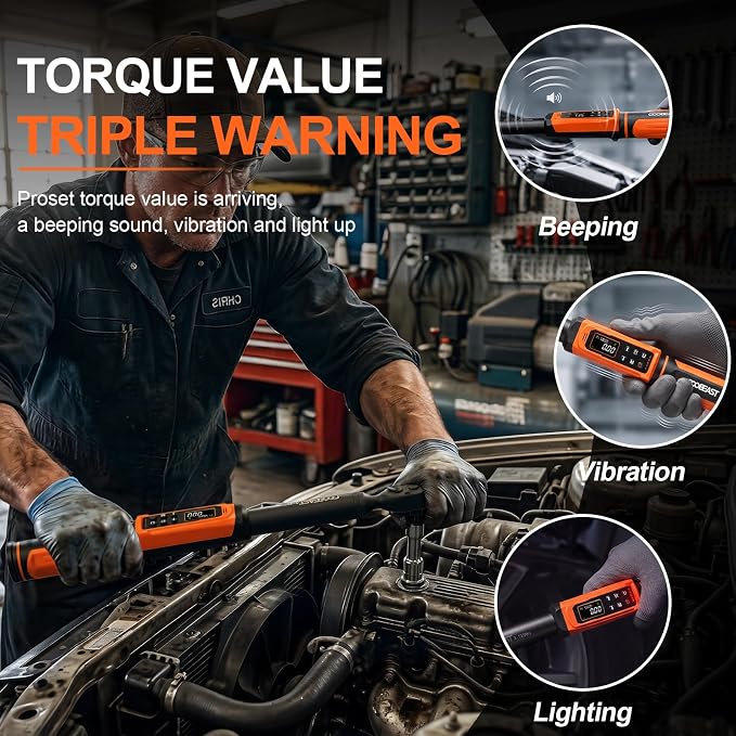 Digital Torque Wrench 3/8 Drive,Preset Value(1.5-99.5Ft-lbs./2-135 Nm) | Buzzer and LED Alert,±2% High Accuracy,72-Tooth, Quick Release,Reversible,Large Screen,for Bike Motorcycle,Gift for Men,DIY
