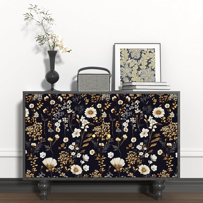 Dark Floral Gold Leaf Vintage Wallpaper Peel and Stick 17.5''x393'' | Self Adhesive/Removable/Waterproof/Thick Vinyl Contact Paper for Bathroom Bedroom Shelf Cabinet Drawer,Prepasted,Easy Peel
