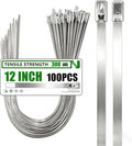MasiStran Metal Zip Ties 100 Pack 12 Inch, 304 Stainless Steel 300LBS Heavy Duty Zip Ties - Self-Locking Cable Ties for Exhaust Wrap，Chain Link Fence Parts, Outdoor Farms,Pipes