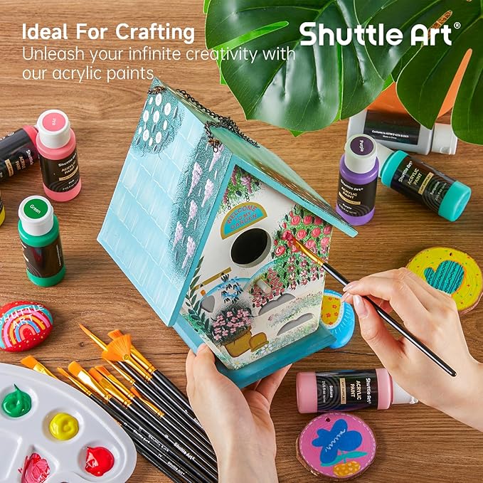 72 Pack Acrylic Paint Set, Shuttle Art 60 Colors Acrylic Paint Including Extra White Black & 12 Brushes, 2oz/60ml, Rich Pigmented, Water Proof, Ideal for Artists, Beginners on Canvas Rock Wood Ceramic