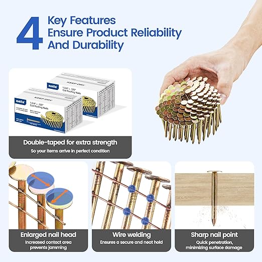 meite Coil Roofing Nails 1-3/4 Inch 15 Degree Electro Galvanized Coil Nails for Pneumatic or Cordless Roofing Nailer Gun, Big Head Wire-Collated Roofing Nails for Lathing Sheathing 2,880PCS