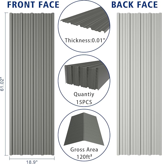15PCS 120ft² Metal Roofing Panels 61.02”x18.9” Corrugated Metal Sheets Galvanized Exterior Siding Roofing Materials for Outdoor House Garages Sheds Pergola Gazebo Chicken Coop Stables, Gray