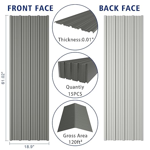15PCS 120ft² Metal Roofing Panels 61.02" x18.9” Corrugated Metal Sheets Galvanized Exterior Siding Roofing Materials for Outdoor House Garages Sheds Pergola Gazebo Chicken Coop Stables, Grey