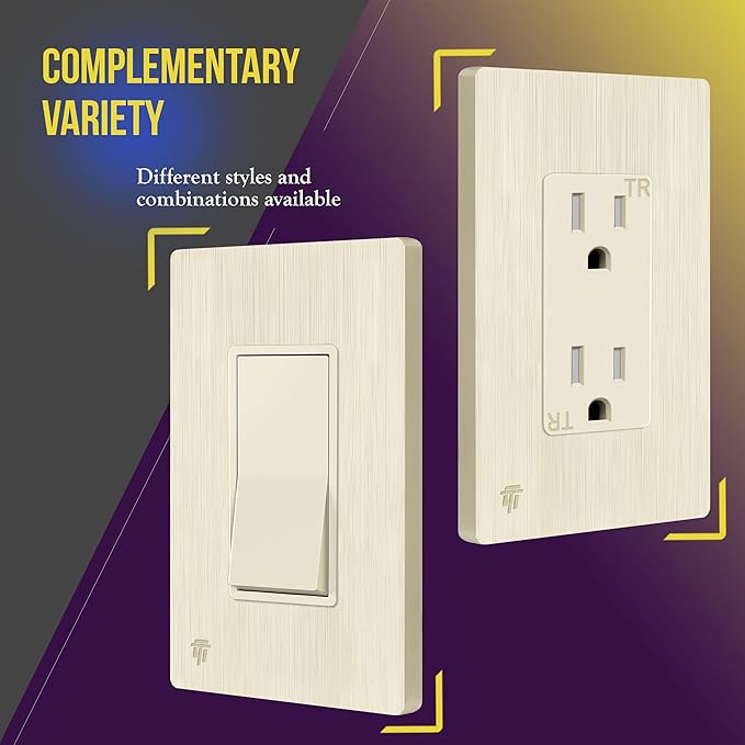 ENERLITES Brushed Screwless Decorator Wall Plate Child Safe Outlet Cover, Gloss Finish, Size 1-Gang 4.68" H x 2.93" L, Unbreakable Polycarbonate Thermoplastic, SI8831-BLA, Brushed Light Almond