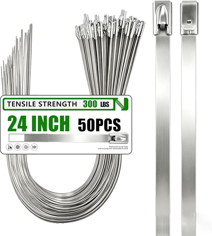 MasiStran Metal Zip Ties 50 Pack 24 Inch, 304 Stainless Steel 300LBS Heavy Duty Zip Ties White - Self-Locking Cable Ties for Exhaust Wrap，Chain Link Fence Parts, Outdoor Farms,Pipes