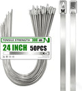 MasiStran Metal Zip Ties 50 Pack 24 Inch, 304 Stainless Steel 300LBS Heavy Duty Zip Ties White - Self-Locking Cable Ties for Exhaust Wrap，Chain Link Fence Parts, Outdoor Farms,Pipes