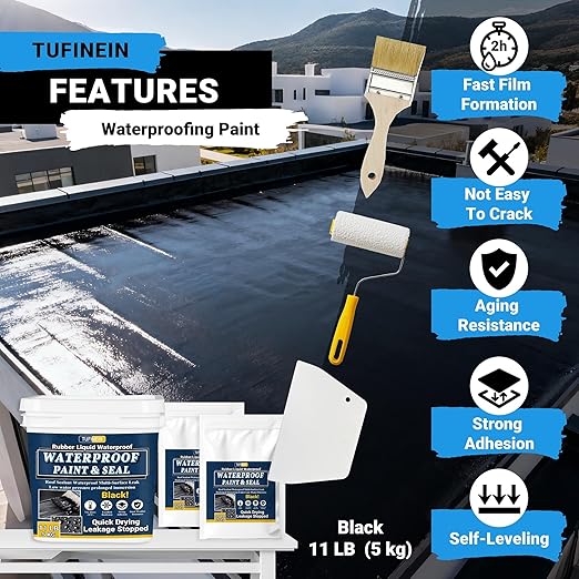 Rubber Liquid Waterproof Sealant, TUFINEIN 11 LB/5 KG Black Quick Drying Multi Surface Foundation Leak Repair - Roof Gutters Basement Sealer Waterproof - Indoor & Outdoor Flexible Rubber Paint