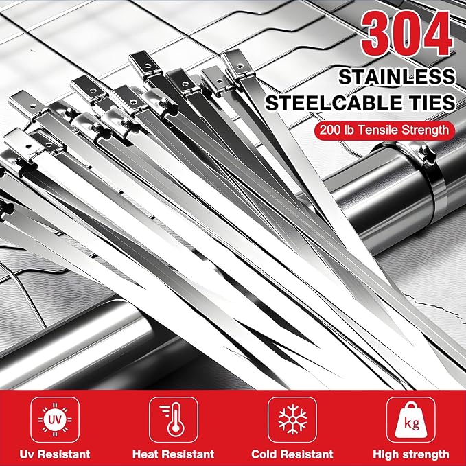 155PCS Heavy Duty 304 Stainless Steel Cable Tie Gun Kit | 150PCS Metal Zip Ties(3 Sizes), Self-Locking, UV & Corrosion Resistant, for Fence, Exhaust Wrap, Chicken Coop, Farm Use