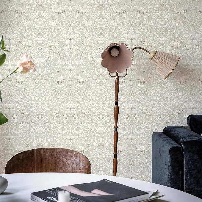 HueBurst 17.7x118in William Morris Wallpaper Peel and Stick Vintage Floral Wallpaper Neutral Strawberry Bird Self Adhesive Contact Paper Waterproof for Bedroom Bathroom Cabinets Drawers Decor