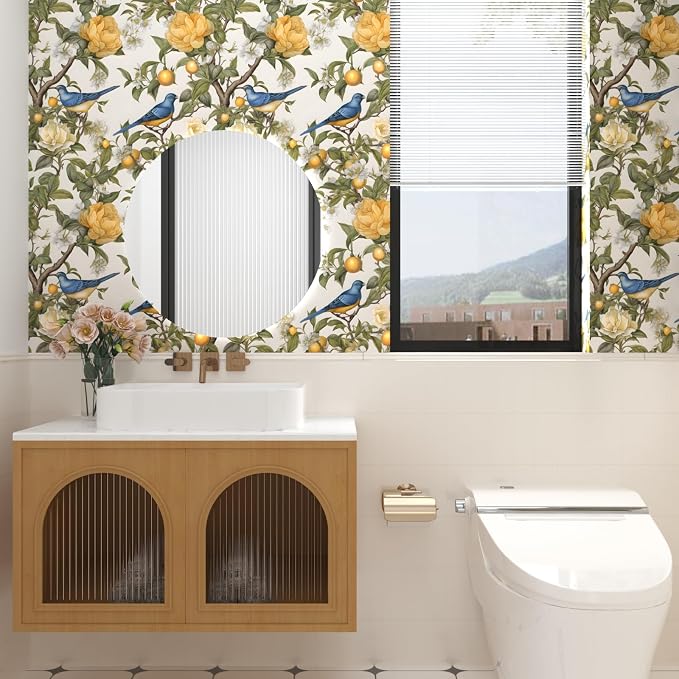 Danodoi Yellow Vintage Lemon Bird Peel and Stick Wallpaper 17.5" x 393" | Waterproof Vinyl Self Adhesive Removable Renter Friendly Floral Contact Paper