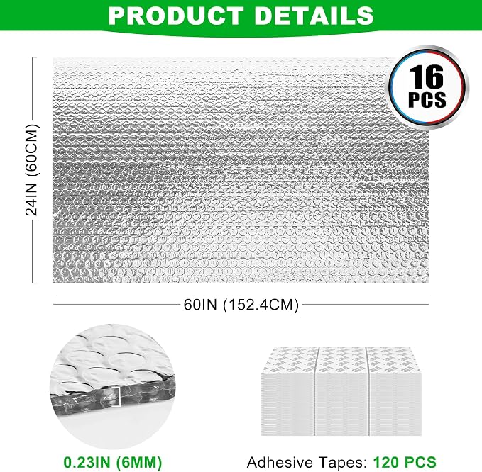 16P Garage Door Insulation Kit Panels 6MM 20x8FT for Double Garage Door, Pre-Cut Bubble Reflective Aluminum Foil Sheet 120 Tape, DIY Install Temperature Control Block Summer Heat & Winter Cold(24x60)