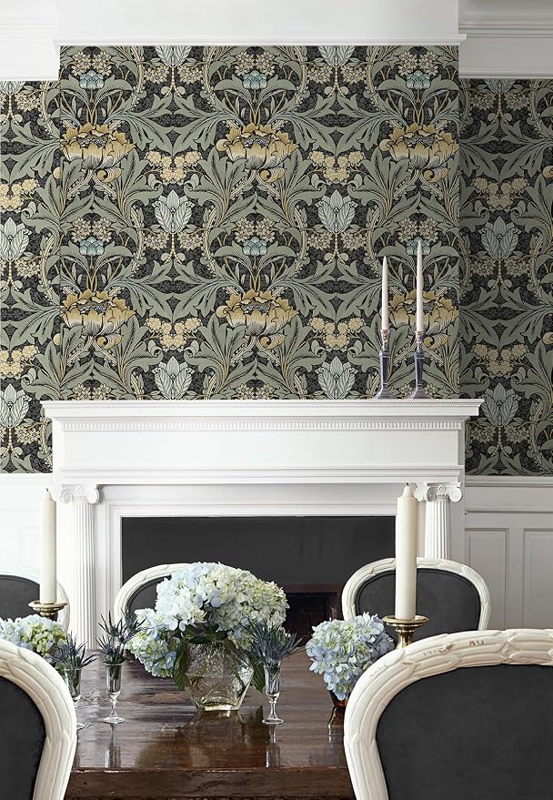 NextWall Acanthus Floral Peel and Stick Wallpaper (Charocal & Goldenrod)