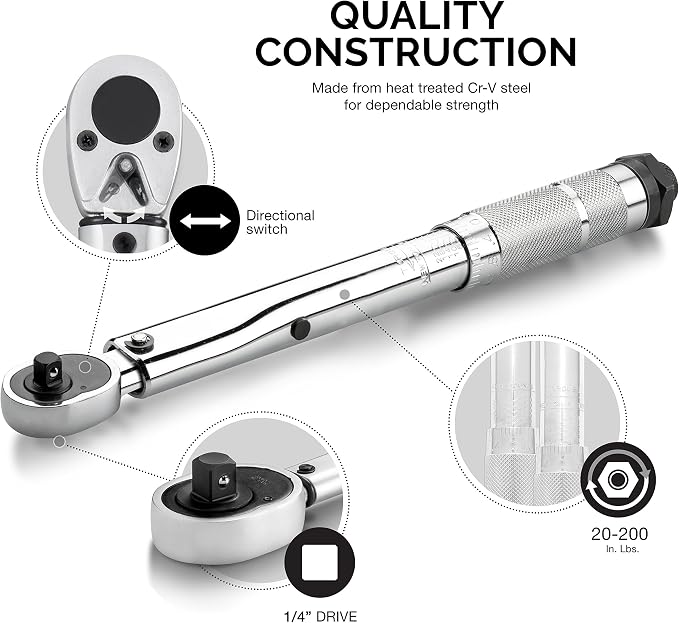 Neiko 03714A 1/4" Drive Adjustable Click Torque Wrench | SAE | 20-200 Inch-Pound Chrome Vanadium Steel | 10.75" Length