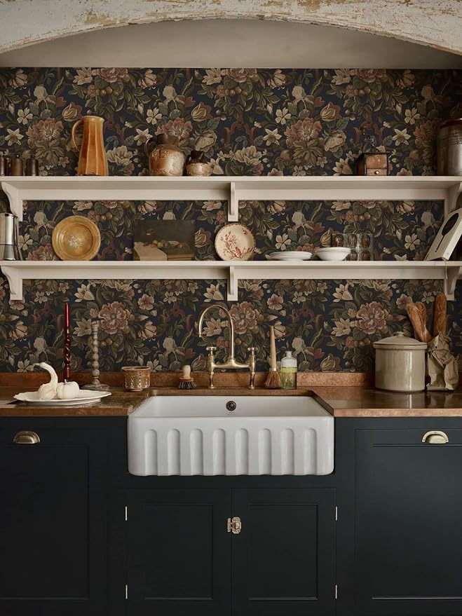 Dimoon Vintage Peel and Stick Wallpaper Dark Blue Floral Contact Paper 16.1"x787" Retro Victorian Dark Academia Wallpaper for Bedroom Moody Cottage Core Wall Paper Removable Waterproof Vinyl Roll