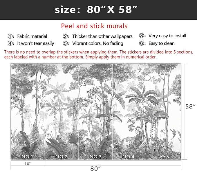 YIHWM-Peel and Stick Tropical Rainforest Wallpaper Grey Jungle Plants Mural | Tear-resistant,with a substantial feel;Will not be damaged during repositioning.Bathroom,Bedroom wallpaper.S-80"x58"
